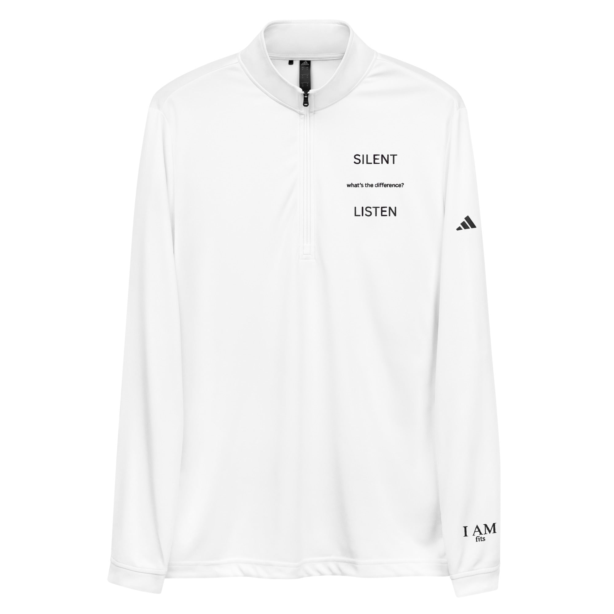 White quarter-zip pullover with "SILENT" and "LISTEN" text on the left chest and black Adidas logo on the right sleeve, eco-friendly recycled polyester design.