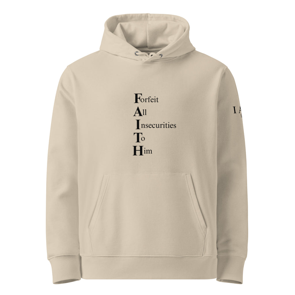 Front view of beige hoodie with black vertical "FAITH" acronym (Forfeit All Insecurities To Him) design, kangaroo pocket, unisex organic hoodie in Desert Dust color from I AM fits brand