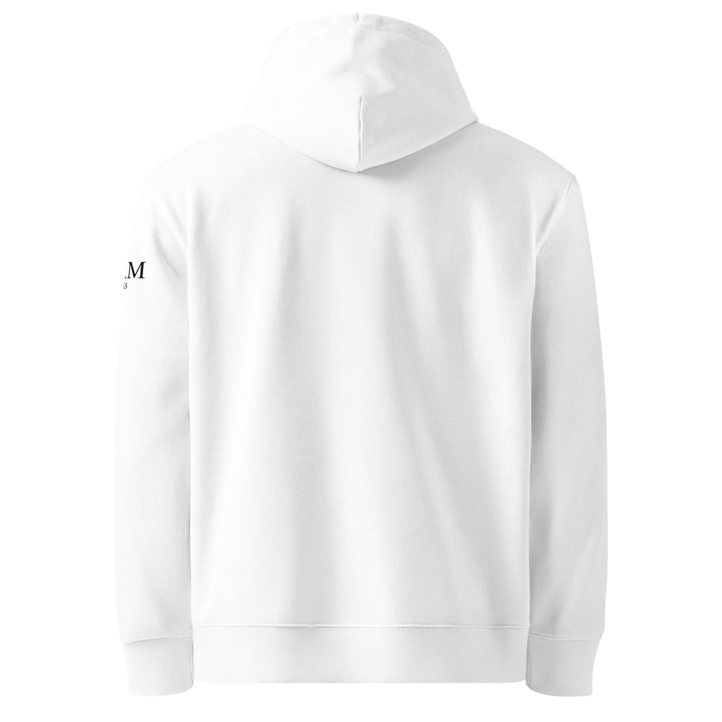 Back view of white hoodie with hood, plain rear and cuffs, premium organic cotton sweatshirt from I AM fits brand