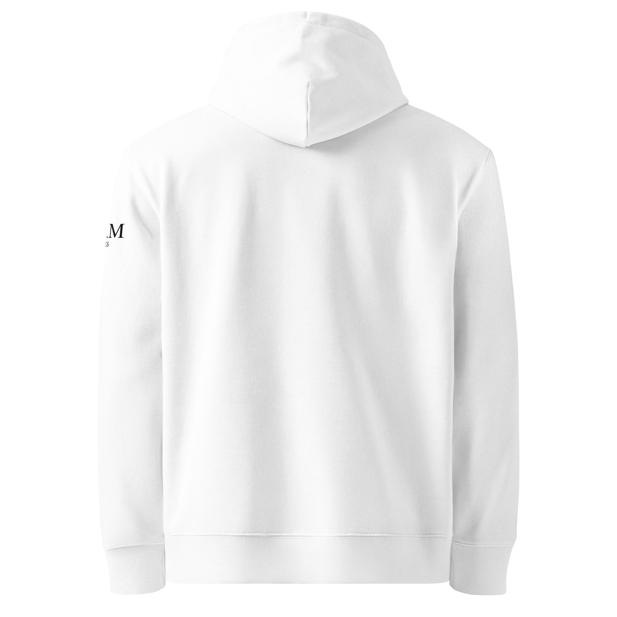 Back view of white hoodie with hood, plain rear and cuffs, premium organic cotton sweatshirt from I AM fits brand
